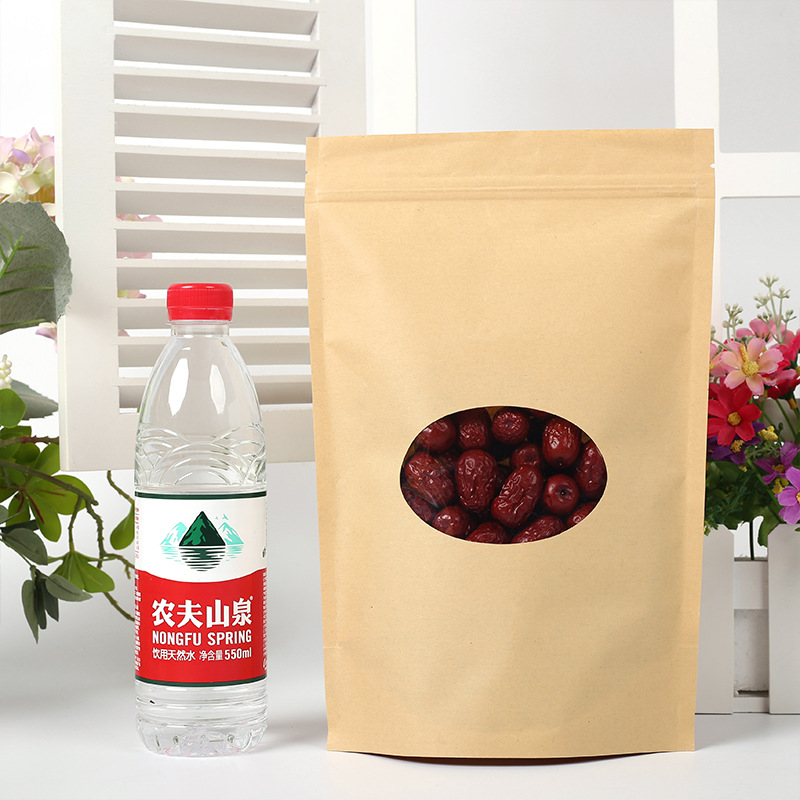Brown Stand-Up Kraft Paper Bags with Round Window product photo 3